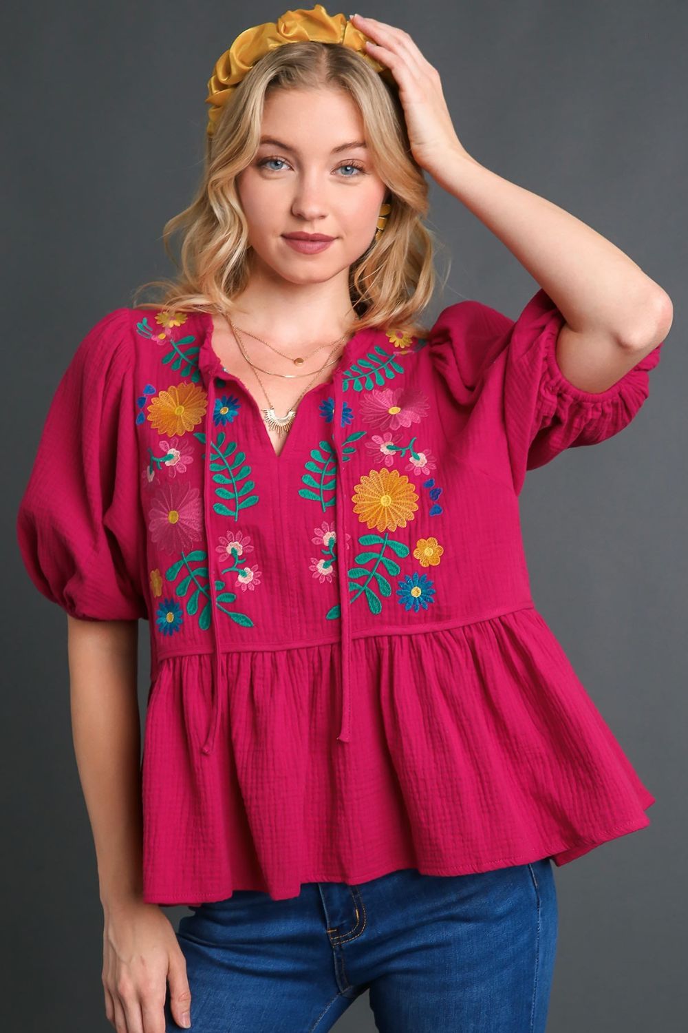 Umgee Embroidery Linen Puff Sleeve Blouse