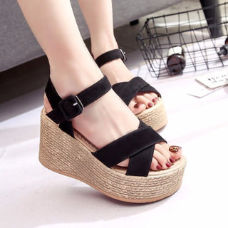 Crisscross Open Toe Wedge Sandals Black