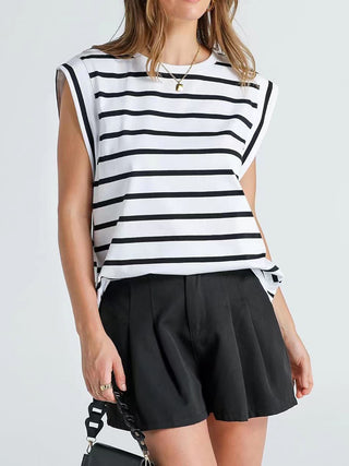 Striped Round Neck Cap Sleeve T-Shirt for Women