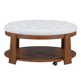 Modern Large Round Ottoman Coffee Table 2-Tier Oversized Button Tufted Ottoman with Wood Shelf Storage Upholstered Coffee Table for Living Room Footrest Ottoman with wheel, waterproof Linen