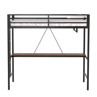 Adam Sturdy Twin Loft Bed - Black Frame with Cinnamon Wood Desk & Closet Rod, Space-Saving Loft Bed for Adults & Kids