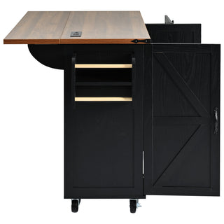 K&K 54.5" Farmhouse Kitchen Island with Power Outlet, Internal Storage Rack, Drop Leaf, Spice Rack, Rolling Cart on Wheels, for Kitchen, Dining Room, Black