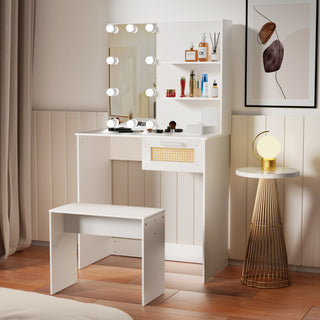 Vanity Desk Set Stool & Dressing Table with LED Lighting Mirror Drawer and Compartments Modern Wood Cosmetic Table Chest of Drawers White Color