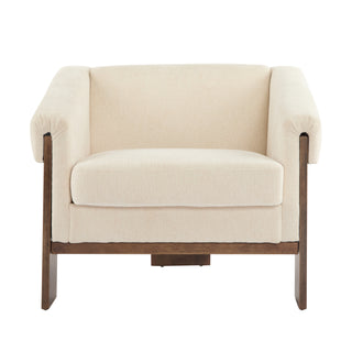 34" Mid-Century Modern Accent Chair with White Fabric, Deep Cushions, and Wide Armrests – Ideal for Living Room, Bedroom, or Office