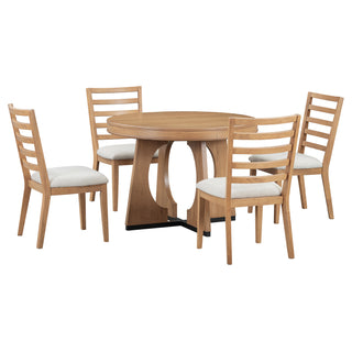 TREXM 5-Piece Retro Rustic Functional Dining Set – 1 Extendable Table with 16-Inch Leaf and 4 Upholstered Chairs, Unique Geometric Design, Ideal for Dining Room and Kitchen (Natural)