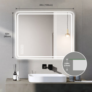 40x32 Inch LED Bathroom Mirror, Wall Mounted Vanity Mirror with Front Lights, Anti-Fog Frameless Makeup Mirror, Copper-Free Silver, Horizontal or Vertical Orientation