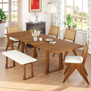 TOPMAX Modern 6-Piece 82.7inch Extendable Dining Table Set with 4 Wicker Back Upholstered Dining Chairs and Long Bench, Two 11.8-inch Removable Leaf,Walnut