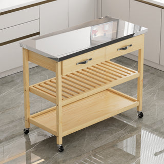 Stainless Steel Countertop Solid Wood Kitchen Cart with Storage Drawers and Shelves – Rotatable Kitchen Island with Steel Table Top and Tower Rack, Rolling Utility Trolley Cart for Kitchen and Dining