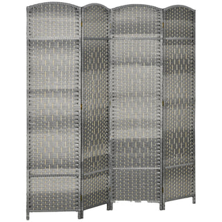 HOMCOM 4 Panel Room Divider, 6' Tall Folding Privacy Screen, Hand-Woven Freestanding Wood Partition for Home Office, Bedroom, Mixed Gray