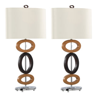 Hoops 29" Polyresin Table Lamp Set of 2 - Cedar Wood & Bronze Polyresin with Chrome Metal Accents & White Linen Shade from Grandview Gallery by LumiSource