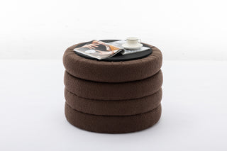 007-Boucle Fabric Storage Round Ottoman Footstool With Wooden Shelving,Brown