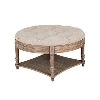 Large Round Waterproof Ottoman Coffee Table 2 Tier Oversized Button Tufted Ottoman with Wooden Shelf Storage Farmhouse Upholstered Coffee Table Living Room Footstool Ottoman Linen