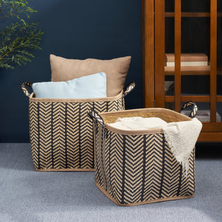 Square Palm Leaf Woven Wicker Storage Baskets with Handles, Set of 2 (14inx14inx15in and 16inx16inx17in) - Black and Brown - Ideal for Clothes, Books, Picnic, and Home Decoration