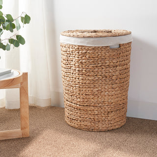 Ludmilla Round Tall Water Hyacinth Woven Wicker Laundry Hamper with Lid – Removable Liner, Clothes, Canvas, Toys & Book Storage – 18" x 18" x 23" – Natural Brown