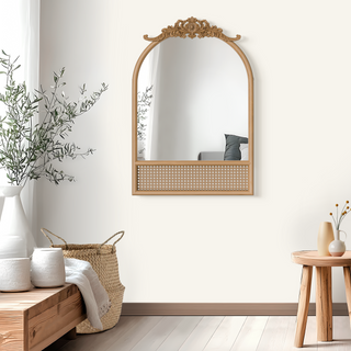 36"*24"Solid wood carved rattan right-angled arched brown wall mirror Decorative Bathroom Mirror with Elegant Scalloped Design