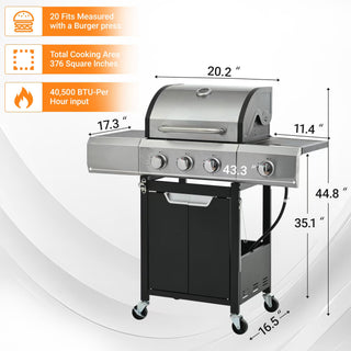 Propane Grill 3 Burner Barbecue Grill Stainless Steel Gas Grill with Side Burner and Cover for Outdoor BBQ, Camping