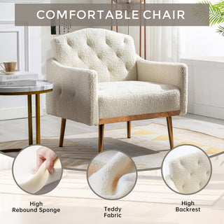 COOLMORE Modern Accent Chair with Arms, Tufted Decorative Fabric Armchair with Gold Metal Legs, Upholstered Reading Chair for Living Room Bedroom Office (White Teddy)