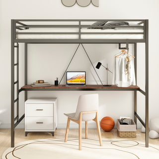 Adam Sturdy Twin Loft Bed - Black Frame with Cinnamon Wood Desk & Closet Rod, Space-Saving Loft Bed for Adults & Kids