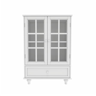 Minimalist White Buffet Cabinet with Double Glass Doors and Drawer, Modern Wooden Storage Sideboard Cupboard for Living Room, Dining Room, Hallway, Entryway