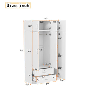 3-Door Mirror Wardrobe with 2 Drawers and Top Cabinet, White