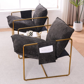 2 Chairs in 1 Box, Upholstered Hanging Armchair with Arm Pockets, Metal Frame, Gold-Plated Craftsmanship, Crushed Foam Cushions, Skin-Friendly Woven Fabric for Living Room and Bedroom, Dark Gray