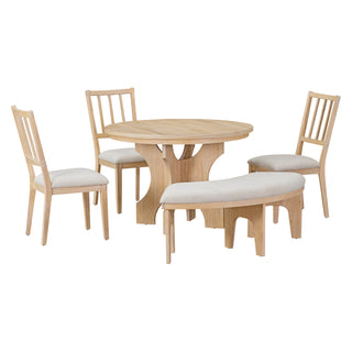 TREXM 5-Piece Dining Table Set, 44" Round Dining Table with Curved Bench & Side Chairs for 4-5 People for Dining Room and Kitchen (Natural Wood Wash)