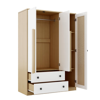 
3-Doors Wooden Rattan Wardrobe Storage for Bedroom,with 2 Drawers,White+Nature
