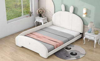 Full Size Upholstered Platform Bed with Cartoon Ears Shaped Headboard, White