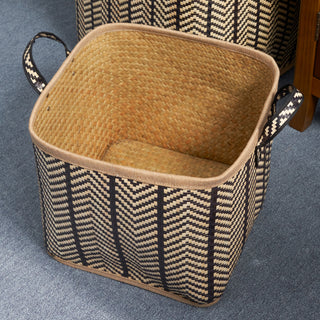 Square Palm Leaf Woven Wicker Storage Basket with Handles – Set of 2 (14" x 14" x 15" and 16" x 16" x 17") – Black and Brown – For Clothes, Books, Picnic, and Home Decoration