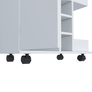 32" H white bar-coffee cart, cabinet storage, with 4 wheels, 1 divided storage with 1 shelf, 1 folding door, a central vertical division for 6 bottles and 2 side shelves with aluminum front