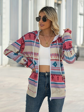 Geometric Zip Up Long Sleeve Hooded Jacket