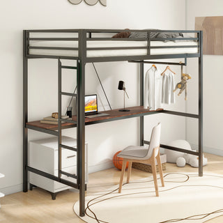 Adam Sturdy Twin Loft Bed - Black Frame with Cinnamon Wood Desk & Closet Rod, Space-Saving Loft Bed for Adults & Kids