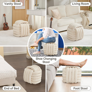 060-Chenille Fabric Modern Knot Design Ottoman Makeup Stool Footstool, Comfortable and Stylish Seat for Living Room, Bedroom ,Beige