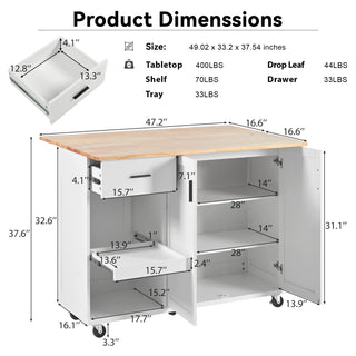 K&K Kitchen Island with Foldable Countertop, Rolling Storage Cart with Slide-Out Shelf, Towel Rack, Drawer, and Wheels, for Kitchen, Dining Room, Living Room, White