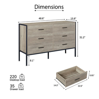 Wood Dresser with 6 Drawers, Wooden Storage Closet for Bedroom, Solid Clothes Cabinet with Sturdy Steel Frame, 48.58"W×15.75"D×31.22"H, 48 inch, Rustic Grey