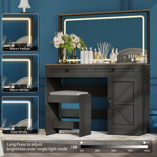 43.3in. Makeup Vanity Table with Large Mirror, Led Light, Adjustable Brightness, 3 Drawers, and Stool (Black)