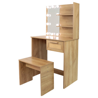 Vanity Desk Set Stool & Dressing Table with LED Lighting Mirror Drawer and Compartments Modern Wood Cosmetic Table Chest of Drawers Nature Color