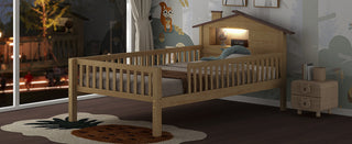 Twin Size Wood Platform Bed with House-shaped Headboard, LED and Built-in Storage, Natural