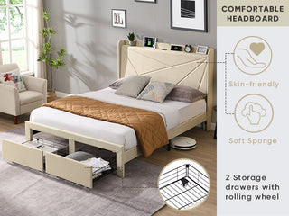 Full Size Bed Frame with 2 Storage Drawers, Upholstered Bed Frame with Wingback Headboard Storage Shelf Built-in USB Charging Stations and Strong Wood Slats Support, No Box Spring Needed, Beige