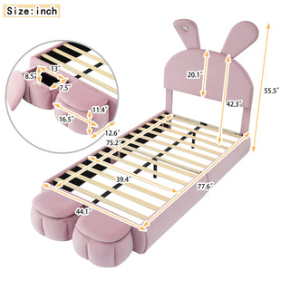 Twin Size Upholstered Platform Bed with Cartoon Ears Shaped Headboard and Light, Pink