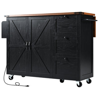 K&K 54.5" Farmhouse Kitchen Island with Power Outlet, Internal Storage Rack, Drop Leaf, Spice Rack, Rolling Cart on Wheels, for Kitchen, Dining Room, Black