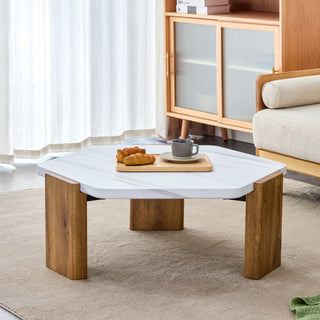 Modern MDF Coffee Table with White Top and Wood Texture MDF Legs, Hexagonal Design for Living Room and Guest Room