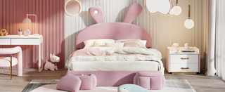 Full Size Upholstered Platform Bed with Cartoon Ears Shaped Headboard and Light, Pink