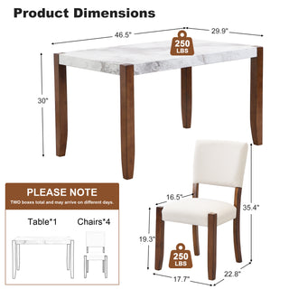 5-Piece Modern Dining Furniture Set, 4-Person Space-Saving Dinette for Kitchen, 46" Faux Marble Style Table and 4 Upholstered Chairs with Solid Rubberwood Legs