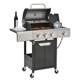 Propane Grill 3 Burner Barbecue Grill Stainless Steel Gas Grill with Side Burner and Cover for Outdoor BBQ, Camping