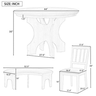 TREXM 5-Piece Dining Table Set, 44" Round Dining Table with Curved Bench & Side Chairs for 4-5 People for Dining Room and Kitchen (Natural Wood Wash)