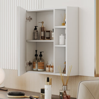 A white MDF material mirror cabinet, bathroom mirror, and a separate wall mounted bathroom mirror for storage and space saving.