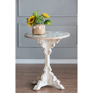 24x28.5" Round Wooden Carved Table, Distressed White Finish Design