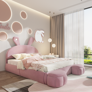 Full Size Upholstered Platform Bed with Cartoon Ears Shaped Headboard and Light, Pink