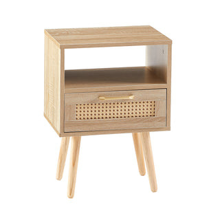 15.75" Rattan End table with  drawer and solid wood legs, Modern nightstand, side table for living room, bedroom,natural